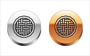 Black line Homemade pie icon isolated on white background. Silver-gold circle button. Vector