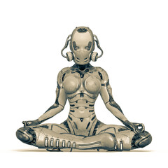 super gynoid in namaste yoga pose