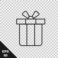 Black line Gift box icon isolated on transparent background. Merry Christmas and Happy New Year. Vector