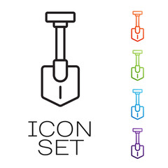 Black line Shovel icon isolated on white background. Gardening tool. Tool for horticulture, agriculture, farming. Set icons colorful. Vector