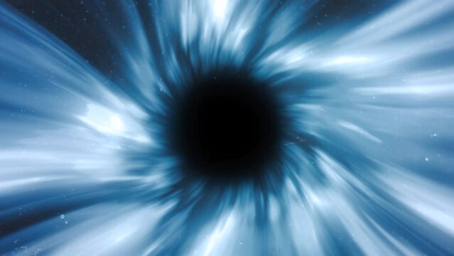Black background with a portal. Motion. A bright portal with blue and white light, located as if in space and from which bright pieces of light scatter in 3D format.