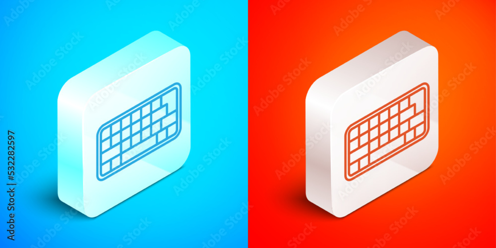 Poster isometric line computer keyboard icon isolated on blue and red background. pc component sign. silver