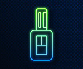 Glowing neon line Car key with remote icon isolated on blue background. Car key and alarm system. Vector