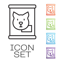 Black line Canned food icon isolated on white background. Food for animals. Pet food can. Dog bone sign. Set icons colorful. Vector