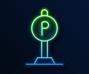 Glowing neon line Parking icon isolated on blue background. Street road sign. Vector