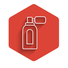 White line Aftershave bottle with atomizer icon isolated with long shadow background. Cologne spray icon. Male perfume bottle. Red hexagon button. Vector