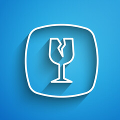 White line Fragile broken glass symbol for delivery boxes icon isolated on blue background. Long shadow. Vector