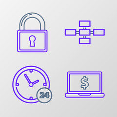 Set line Laptop with dollar symbol, Clock 24 hours, Business hierarchy organogram chart infographics and Lock icon. Vector