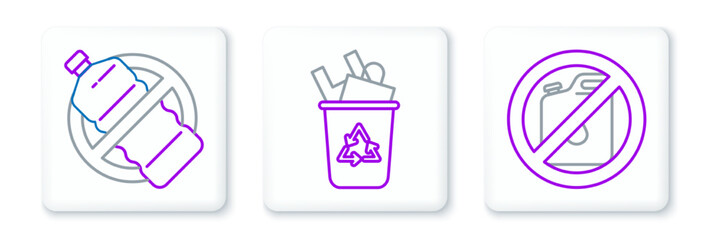 Set line No canister for gasoline, plastic bottle and Recycle bin with recycle symbol icon. Vector