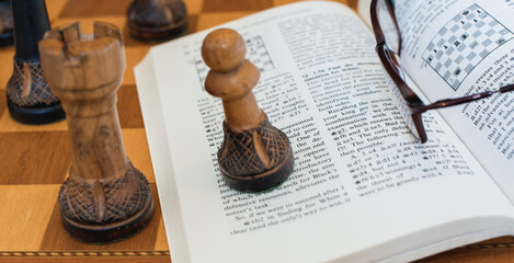 Self studying chess from a book, wooden chessboard and chess pieces