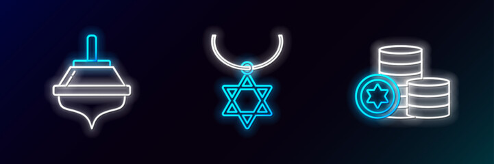 Set line Jewish coin, Hanukkah dreidel and Star of David necklace on chain icon. Glowing neon. Vector
