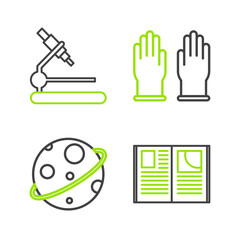 Fototapeta premium Set line Open book, Planet, Rubber gloves and Microscope icon. Vector