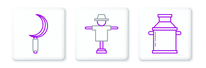 Set line Can container for milk, Sickle and Scarecrow icon. Vector