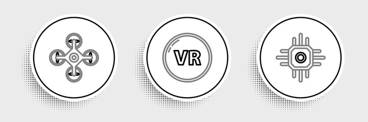 Set line Processor, Drone and Virtual reality icon. Vector