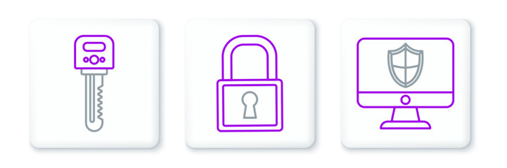 Set line Computer monitor and shield, Key and Lock icon. Vector