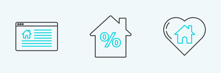 Set line House with heart shape, Hanging sign text Online Sale and percant discount tag icon. Vector