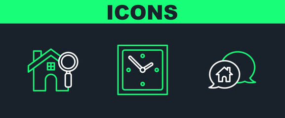 Set line House building in speech bubble, Search house and Clock icon. Vector