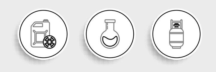 Set line Propane gas tank, Antifreeze canister and Test tube and flask icon. Vector