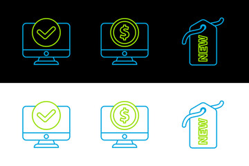 Set line Price tag with New, Computer monitor and dollar icon. Vector