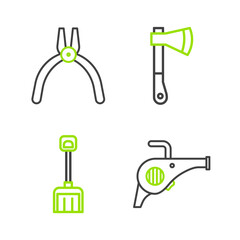 Set line Leaf garden blower, Snow shovel, Wooden axe and Pliers tool icon. Vector