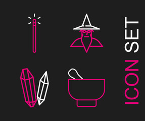 Set line Magic mortar and pestle, stone, Wizard warlock and wand icon. Vector