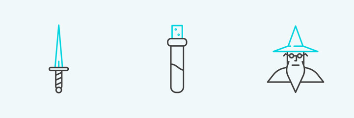 Set line Wizard warlock, Dagger and Bottle with love potion icon. Vector