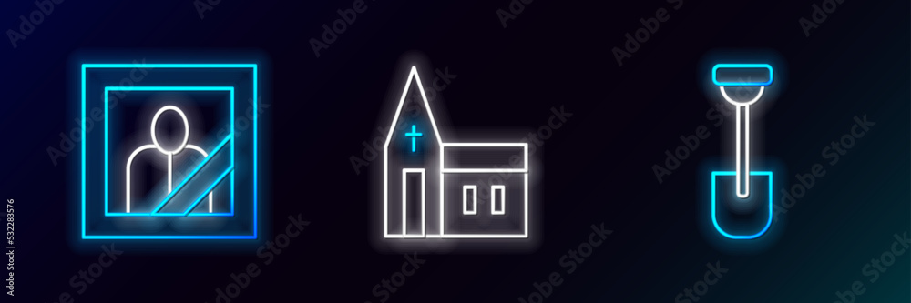 Sticker set line shovel, mourning photo frame and church building icon. glowing neon. vector