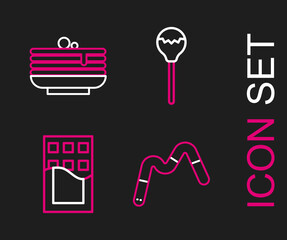 Set line Jelly worms candy, Chocolate bar, Lollipop and Stack of pancakes icon. Vector