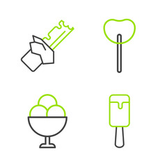 Set line Ice cream, in bowl, Lollipop and Bitten chocolate bar icon. Vector
