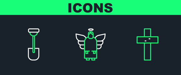 Set line Christian cross, Shovel and Christmas angel icon. Vector