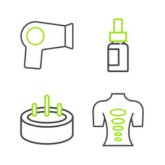 Set line Massage stone therapy, Swimming pool with ladder, Essential oil bottle and Hair dryer icon. Vector