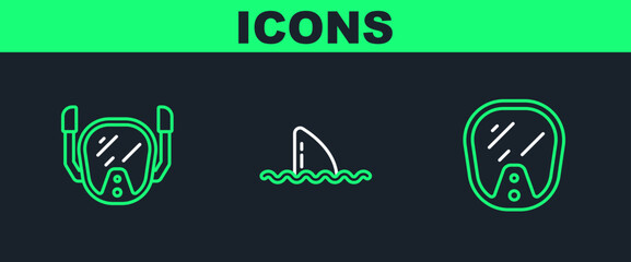 Set line Diving mask, and Shark fin ocean wave icon. Vector