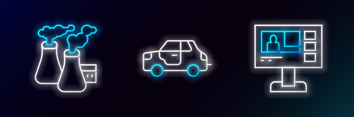 Set line Television report, Smoke from factory and Car icon. Glowing neon. Vector
