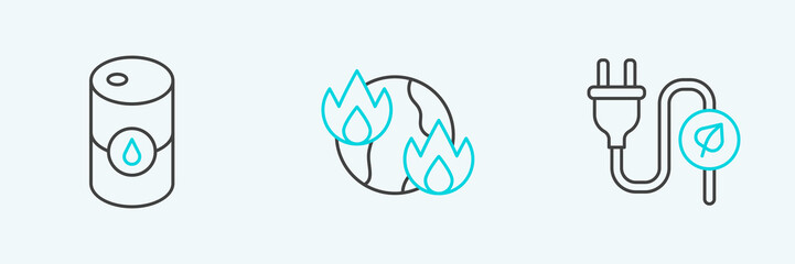 Fototapeta premium Set line Electric saving plug in leaf, Barrel oil and Global warming fire icon. Vector