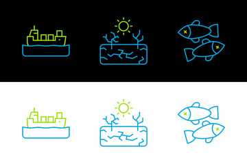 Set line Dead fish, Oil tanker ship and Drought icon. Vector