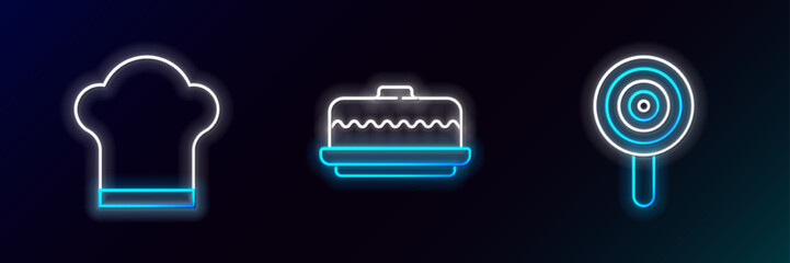 Set line Lollipop, Chef hat and Cake icon. Glowing neon. Vector