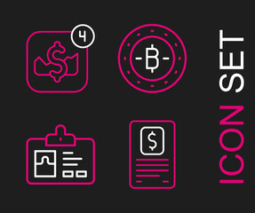 Set line Business finance report, Identification badge, Bitcoin and Mobile stock trading icon. Vector