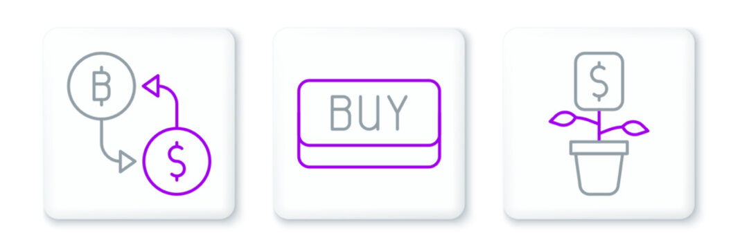 Set line Dollar plant, Cryptocurrency exchange and Buy button icon. Vector