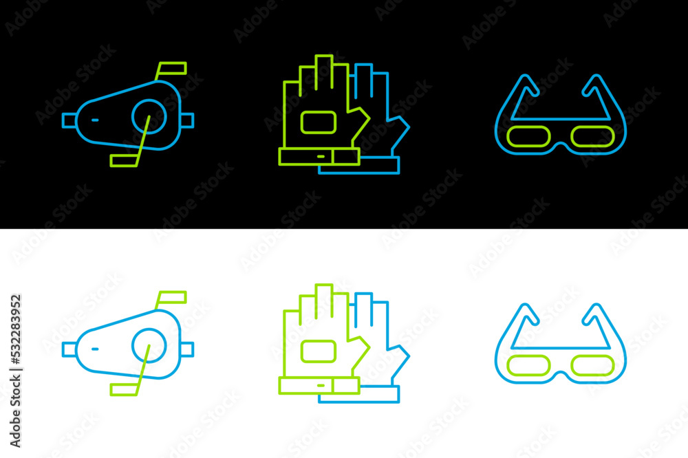 Sticker set line sport cycling sunglasses, bicycle pedals and gloves icon. vector