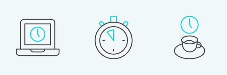 Set line Coffee time, Laptop and Stopwatch icon. Vector
