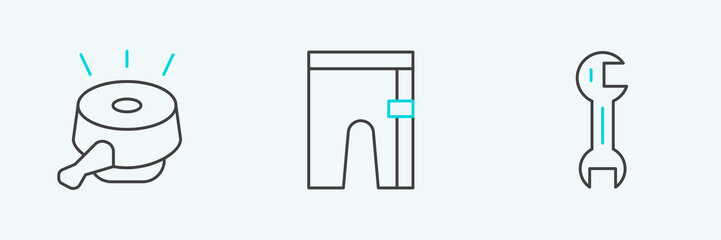 Set line Wrench spanner, Bicycle bell and Cycling shorts icon. Vector
