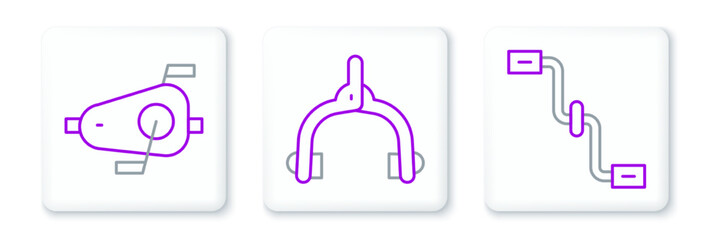 Set line Bicycle pedals, and brake calipers icon. Vector