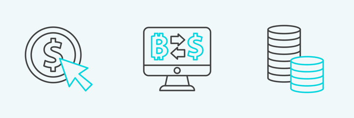 Set line Coin money with dollar, and Cryptocurrency exchange icon. Vector