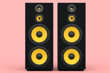 Hi-fi speakers with loudspeakers for sound recording studio on pink background.