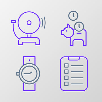 Set line To do list or planning, Wrist watch, Piggy bank with coin and Ringing alarm bell icon. Vector