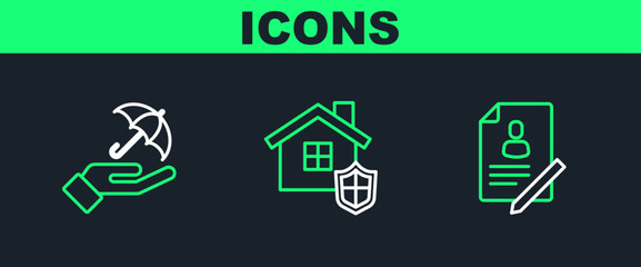 Set line Document with shield, Umbrella in hand and House icon. Vector