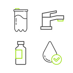 Set line Water drop, Bottle of water, tap and filter cartridge icon. Vector