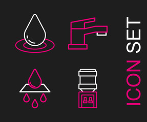 Set line Water cooler, Recycle clean aqua, tap and drop icon. Vector