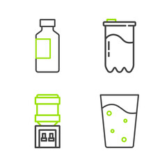 Set line Glass with water, Water cooler, filter cartridge and Bottle of icon. Vector