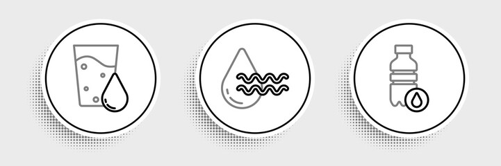 Set line Bottle of water, Glass with and Recycle clean aqua icon. Vector